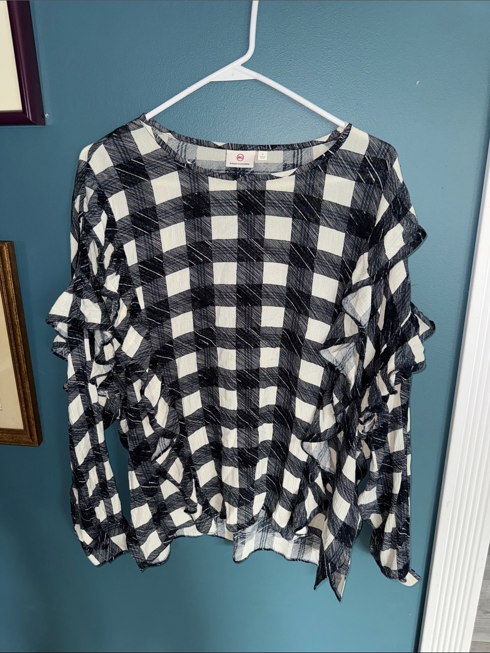 Ag Adriano Goldschmied Black & White Ruffle Plaid Blouse